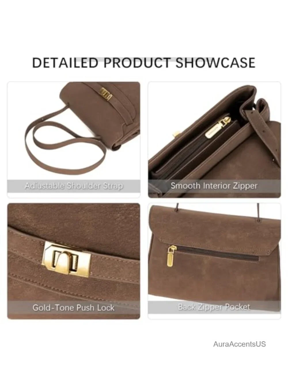Faux Suede Flap Crossbody Shoulder Bag Gold-Tone Lock Vintage Purse